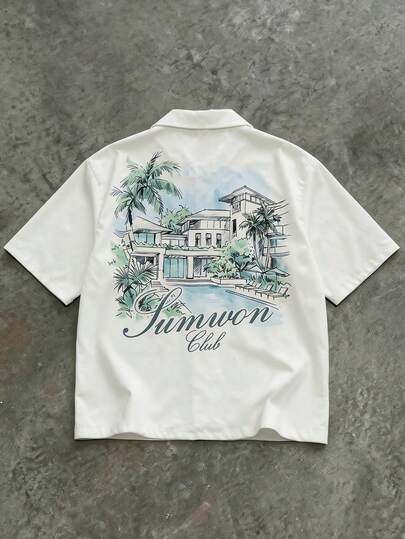 SUMWON Men's Short Sleeve Button Down Tropical Resort Villa Print Shirt With Palm Trees And Architecture Summer Vacation Club Graphic White Casual Top