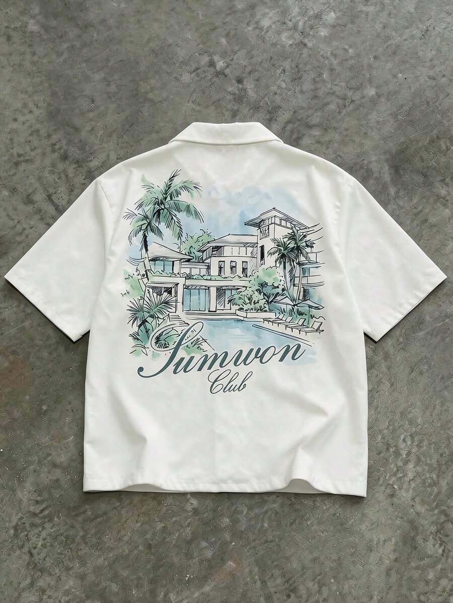 SUMWON Camisa de manga corta con botones y estampado tropical de villas, palmeras y arquitectura para vacaciones de verano, gráfico de club, blanca, informal para hombre - Blanco - Ver 1