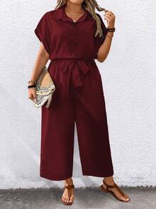 EMERY ROSE Plus Size Printed Tie-Waist Short Sleeve Jumpsuit - Burgundy - View 5