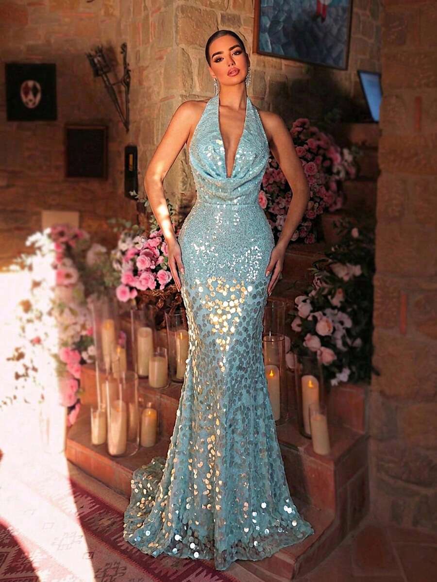 Glamrae 优雅奢华亮片花卉性感深V露背美人鱼礼服，适合婚礼、派对、度假、晚宴、正式场合。