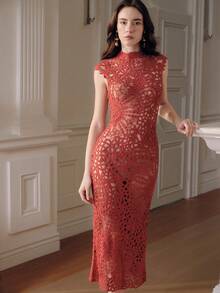 Anewsta Vestido de encaje de manga corta con cintura ajustada y longitud media, elegante para el verano - Rojo - Ver 1