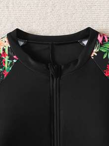 SHEIN Áo tắm liền thân tay ngắn ôm sát người, khóa kéo, in họa tiết cây nhiệt đới dành cho bé gái tuổi teen, thích hợp cho kỳ nghỉ hè, du lịch biển, màu đen. - màu đen - Xem 3