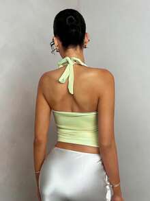 Glamine 绿豆色性感露背褶皱无袖背心，外出背心，女士派对上衣，节日嘉年华背心，毕业季上衣，基础款上衣，Y2K风格，亮丽色彩，街头风，夏季度假上衣 - 綠色 - 查看 2