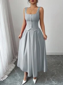 Rafferiza Bộ đồ 2 mảnh thời trang dành cho nữ: áo vest không tay cổ vuông cài một hàng khuy và chân váy xếp ly xòe, đa năng cho mặc hàng ngày. - Xám - Xem 6