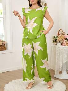 Reflora 春夏女士卡其色短袖衬衫搭配松紧腰阔腿裤两件套，优雅日常穿搭，适合大码身材 - 軍綠色 - 查看 6