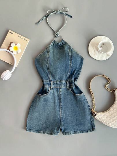 Elamini 女士夏季时尚街头休闲通勤圆环装饰打结露背牛仔连体裤