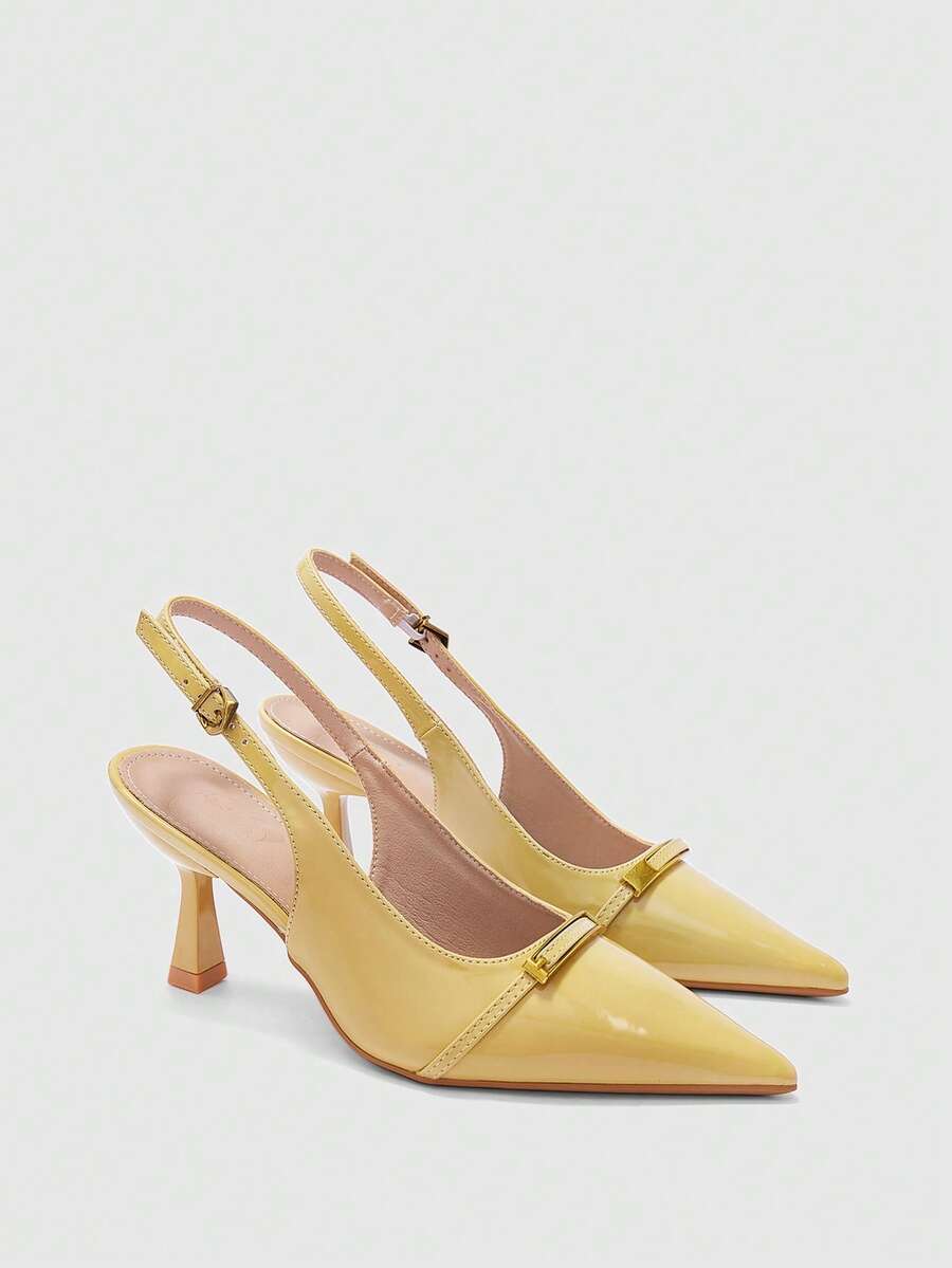 CUCCOO BIZCHIC Minimal Elegant Slingback Heels Metal Accent Pointed Toe Glossy Style Shoes - Light yellow - View 1