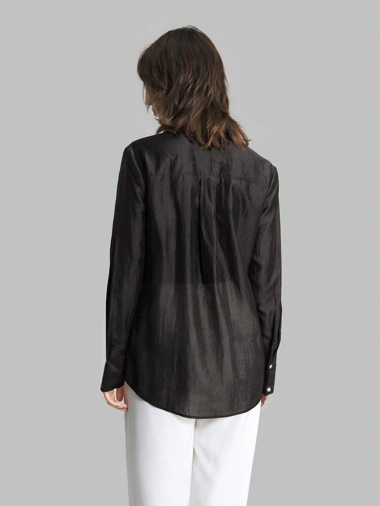 2026SS New Black Solid Color Long Sleeve Casual Loose Basic Shirt, Suitable For Commuting, Casual, Business, Holiday, Beach, Birthday Party, Teacher Outfit, Office Wear, Spring/Summer, Valentine's Day, Thanksgiving, Holiday, Wedding Guest, Versatile Women's Shirt