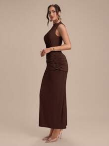 Modelyn Vestido de cóctel elegante y versátil con cuello de tortuga sin mangas y plisado, para fiestas y vacaciones - Café integral - Ver 5