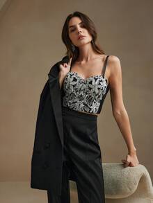 Anewsta Top de bralette elegante para mujeres con cuentas y bordados - Negro - Ver 4