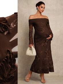 MaterniChic Vestido elegante con hombros descubiertos, estampado floral y bajo de cola de pez para mujeres embarazadas, primavera/verano - Café integral - Ver 1