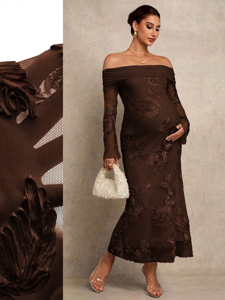 MaterniChic Vestido elegante con hombros descubiertos, estampado floral y bajo de cola de pez para mujeres embarazadas, primavera/verano - Café integral - Ver 1