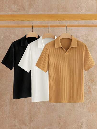 HIMLAND Polo à manches courtes texturé de couleur unie décontracté pour hommes, été