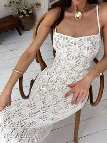 Selianne Women's Vacation Holiday Beach Cover Up Hollow Out Tie Backless Long Maxi Prom Knit Sweater, Spring/Summer - White - View 3