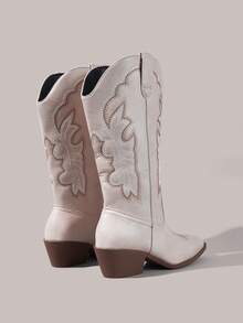 Styleloop Women's Dark Punk Gothic Embroidered Western Boots, Brown Low Heel Rivet Leather Mid-Calf Boots - Khaki Leather - View 5