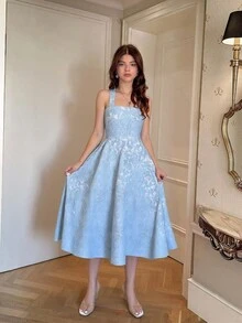 Selianne Romantic Jacquard Tie Waist A-Line Dress - Baby Blue - View 6