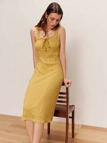 lacRébo Yellow Floral Textured Fitted Midi Dress With Ruffle Neckline And Straps Spring Summer Vacation Dress French Style Dress - Yellow - View 1