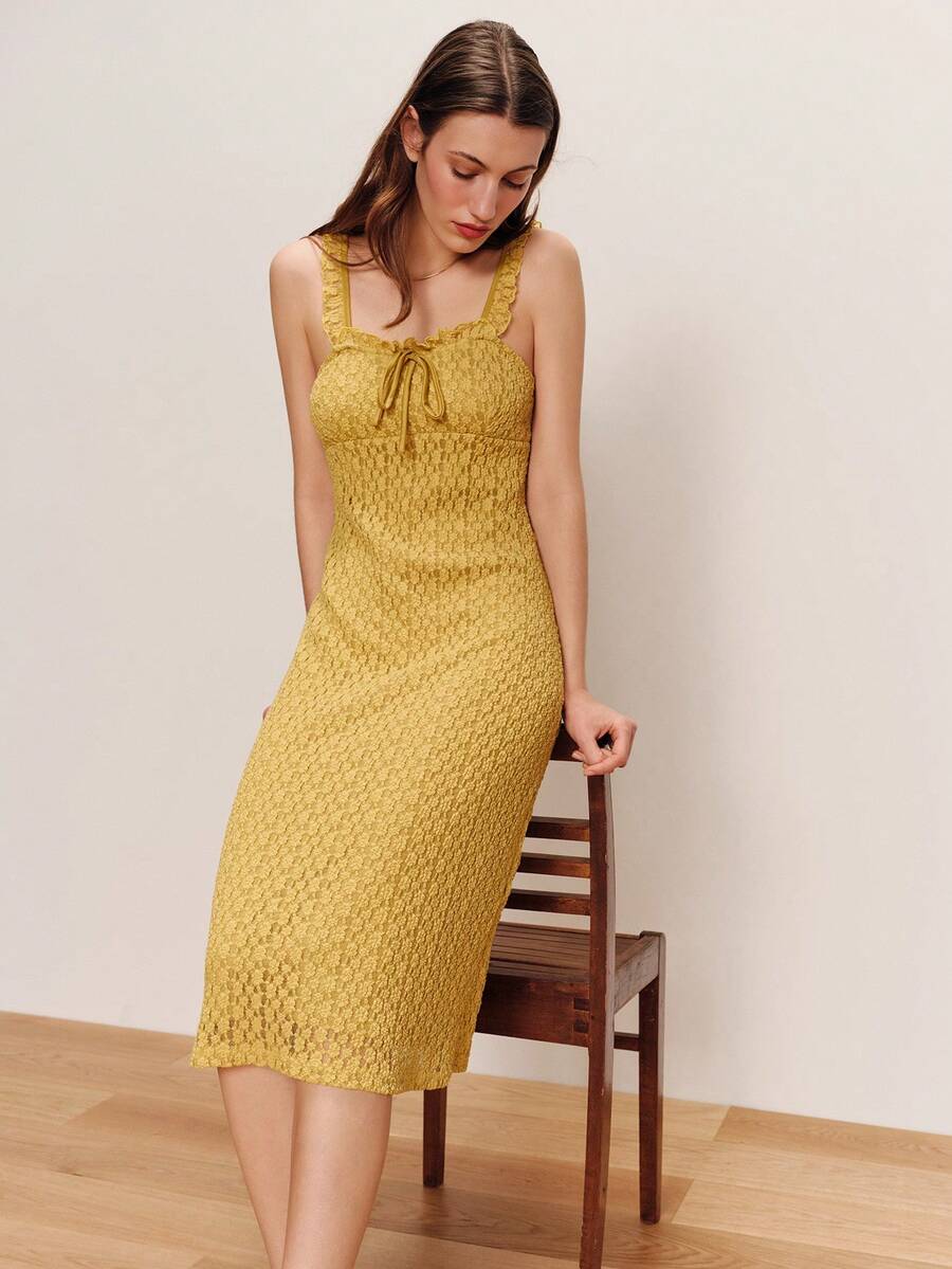 lacRébo Yellow Floral Textured Fitted Midi Dress With Ruffle Neckline And Straps Spring Summer Vacation Dress French Style Dress - Yellow - View 1