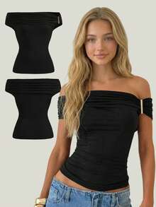SHEIN Girlism Camiseta de punto con hombro asimétrico, color negro, de moda y única, adecuada para capas en primavera/verano, otoño/invierno - Negro - Ver 3