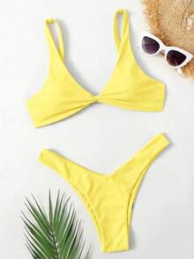 Swim Basics 女士纯色休闲比基尼三角裤泳装套装，比基尼套装，女士泳装比基尼套装，两件套，Zestiva 斑马纹比基尼套装，黄色泳装，女士聚拢泳装，一口价女士泳衣 - 鵝黃色 - 查看 6
