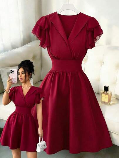 Elenzga 新款女士双面梭织纯色腰部抽绳雪纺拼接荷叶袖设计休闲度假日常百搭优雅短裙