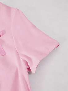 SHEIN 少女方领常规肩部蝴蝶结装饰长款连衣裙，适合派对或日常穿着，春夏秋季皆宜。 - 粉色 - 查看 7