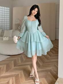 Feyla Đầm ngắn nữ màu trơn cổ tim tay phồng xếp nếp thanh lịch - Màu xanh lam - Xem 4