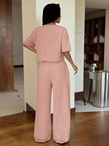 SHEIN EZwear 女士休闲度假风宽松露脐上衣搭配抽绳阔腿裤套装，桃皮绒面料，春夏秋季 - 藕粉色 - 查看 2