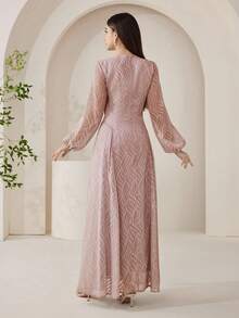 Veilorie Women's Elegant Contrast Lace Lantern Sleeve Waist Cinched Dress, Suitable For Spring And Autumn - Dusty Pink - View 2