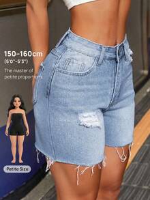 SHEIN PETITE Shorts vaqueros casuales con bolsillos, con dobladillo deshilachado y desgastados para mujeres - Lavado ligero - Ver 1