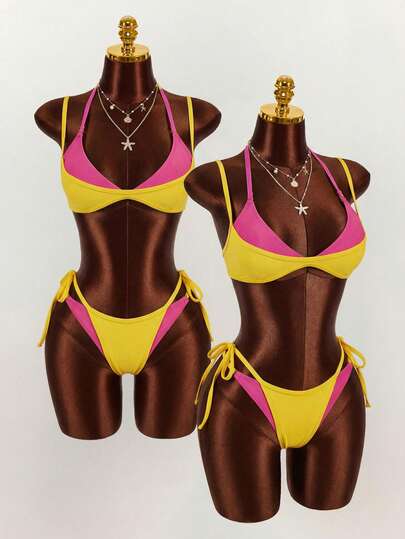 Amplova Women's Swimsuit Set, 2 In 1, Magenta And Yellow Contrast Color, Sexy And Avant-Garde, Suitable For Beach Vacation Beach Vacation Outfits For Women
