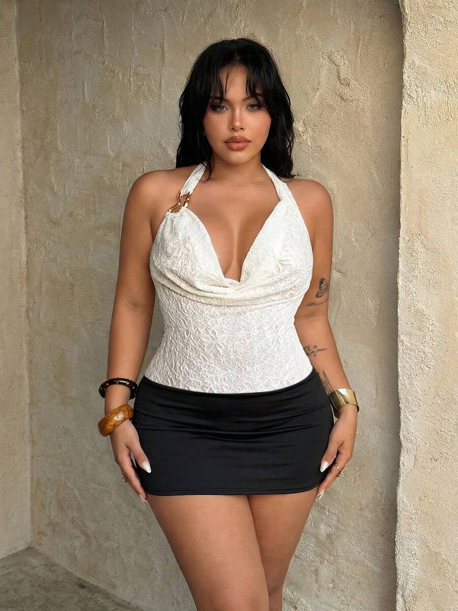 Rustia Plus Size Halter Tie Bow Neck Flowy Bodysuit, Elegant Sexy Vacation/Party Wear For Women, Spring/Summer - Apricot - View 1