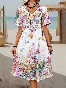 EMERY ROSE Plus Size Women's Ombre Floral V-Neck Short Sleeve Casual Dress, Summer Women's Outfit, Spring Dress, Beach Wear, Vacation Attire - Blue - View 5