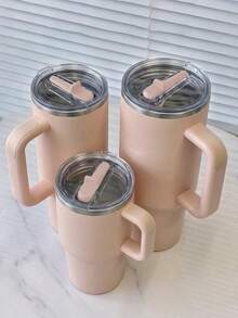 蜜桃粉色 - 20/30/40盎司不锈钢保温杯，带手柄和可折叠吸管，双层真空隔热，冷热饮皆宜，简约旅行杯 - 杏粉色 - 查看 1