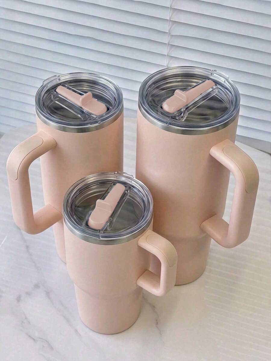 蜜桃粉色 - 20/30/40盎司不锈钢保温杯，带手柄和可折叠吸管，双层真空隔热，冷热饮皆宜，简约旅行杯 - 杏粉色 - 查看 1