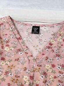 SHEIN Clasi Áo kiểu nữ cỡ lớn in hoa tay bồng dáng thường ngày - Hồng - Xem 5