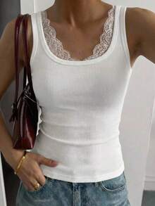 DAZY Women Square Neck Lace Patchwork Bodycon Camisole, Versatile Summer - White - View 3