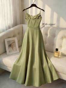 SHEIN Franclia Đầm slip satin bóng mượt đính ngọc trai thanh lịch dành cho nữ, thích hợp cho đi làm, dự tiệc và các sự kiện. - màu xanh lá - Xem 2