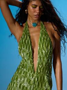 MUSERA Deep V Plunge Halterneck Open Back Sequin Pattern Mini Short Playsuit Summer Sexy Going Out Beach Holiday Ibiza Club Tropical Fever - Green - View 2