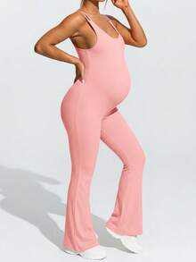 SHEIN Maternity Solid Color Camisole & Flared Pants Set,Word Cup - Baby Pink - View 6