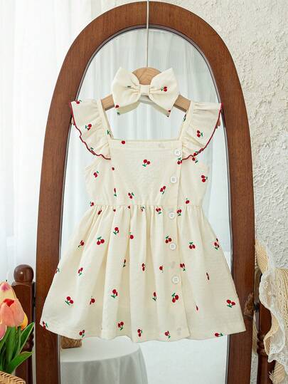 Vestido casual de verano para niña con estampado de cerezas y volantes en el bajo