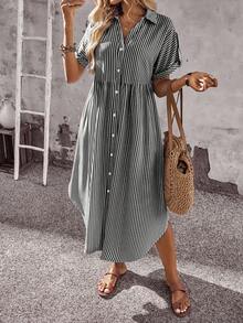 EMERY ROSE 大码休闲条纹纽扣衬衫裙 夏季连衣裙 夏季穿搭 夏季服装 春季连衣裙 春季穿搭 女士春季服装 碎花连衣裙 女士碎花连衣裙 女士海滩度假穿搭 女士度假连衣裙 波西米亚乡村风女士夏季连衣裙 女士野餐连衣裙 女士夏季连衣裙 女士春季连衣裙 女士沙滩连衣裙 假日连衣裙 乡村连衣裙 - 黑與白 - 查看 3