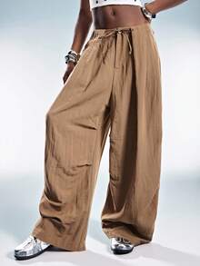 GENKIRA Retro Casual Elastic Waist Drawstring Loose Pants - Champagne - View 5