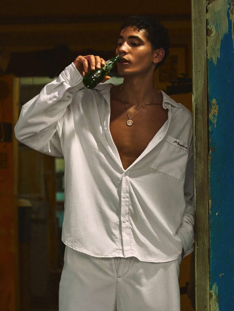 Musero Long Sleeve Button Oversized Collared Shirt Front Pocket Detailing Branded Embroidery Co Ord Top Only Set Spring Summer Essentials - White - View 1