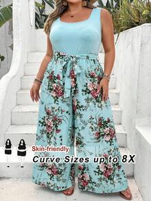 SHEIN CURVE+ Bộ jumpsuit thời trang tối giản dành cho người có vóc dáng ngoại cỡ, thích hợp mặc hàng ngày, phong cách boho hoặc đi nghỉ mát. - Màu xanh nhạt - Xem 8