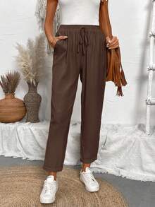 Breezaya Petite Women's Casual Linen-Feel Pants, Spring/Summer - Coffee Brown - View 3