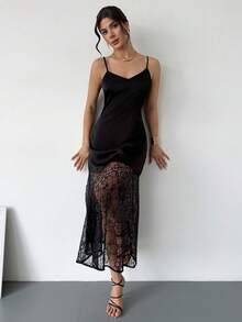 Rafferiza 女士优雅纯色蕾丝拼接吊带连衣裙，夏季 - 黑色 - 查看 3