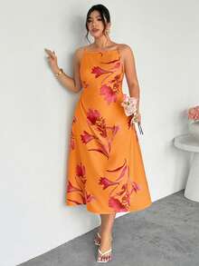 Firerie Plus Size Floral Print Camisole Dress - Coral Orange - View 1