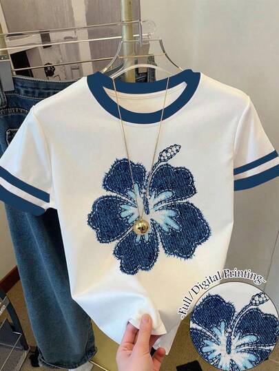 Camiseta de manga corta con cuello redondo, estampado floral y ribete de contraste para niña preadolescente, adecuada para uso diario en verano, vuelta al colegio, a juego con hermanas, vacaciones