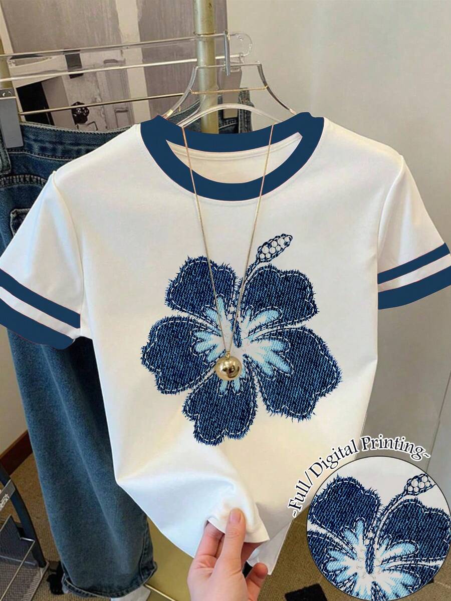 Áo thun ngắn tay cổ tròn phối màu tương phản in hoa dành cho nữ tuổi teen, thích hợp mặc hàng ngày vào mùa hè, đi học, mặc cùng chị em gái, đi nghỉ mát. - Nhiều màu - Xem 1